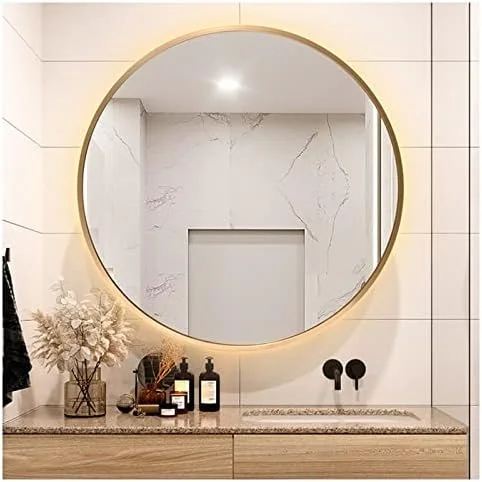 آینه حمام LED، آینه گرد دیواری با قاب طلایی، آینه مدرن آرایش و اصلاح ضد ضربه، دارای نور پس زمینه، 50x50 سانتی متر، 60x60 سانتی متر، 70x70 سانتی متر