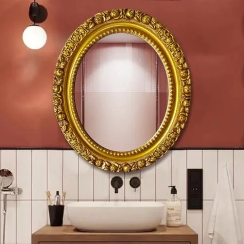 آینه بیضی شکل تزئینی حمام، آینه دیواری با قاب گل‌دار مناسب اتاق نشیمن، اتاق خواب، راهرو و سرویس بهداشتی