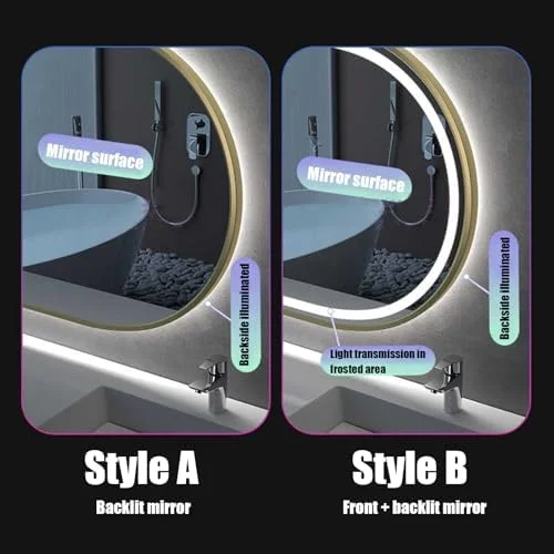 آینه حمام بیضی شکل با ابعاد 50X80 سانتی‌متر | 60X90 سانتی‌متر، آینه ال ای دی حمام، آینه دیواری با قاب آلومینیومی، مشکی، طلایی، 3 رنگ با قابلیت تنظیم نور، آینه ضد بخار، مناسب اتاق خواب (مشکی - مدل A - 50X80 سانتی‌متر)