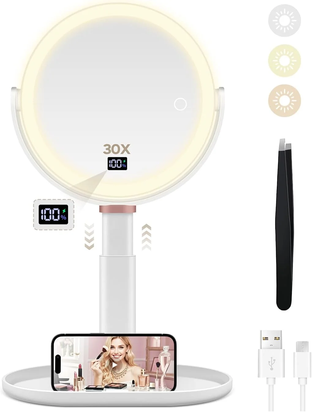 آینه آرایشی بزرگنمایی دار با نور B Beauty Planet با بزرگنمایی 30X/1X، آینه آرایشی با قابلیت تنظیم ارتفاع با صفحه نمایش دیجیتال، جداشدنی برای مسافرت، آینه های روشویی حمام با نگهدارنده تلفن همراه و موچین (سفید)