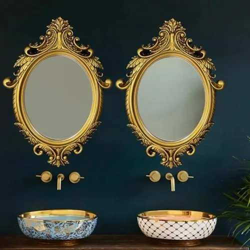 آینه بیضی شکل آویز، قاب منبت کاری شده عتیقه، 61X86 سانتی متر، آینه دیواری تزئینی برای حمام، اتاق خواب، اتاق نشیمن، شومینه، ورودی