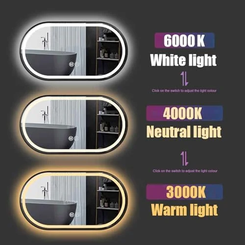 آینه حمام بیضی شکل با قاب آلومینیومی، نور ال ای دی، ضد بخار، مناسب اتاق خواب (طلایی - مدل B - 60X90 سانتی متر)