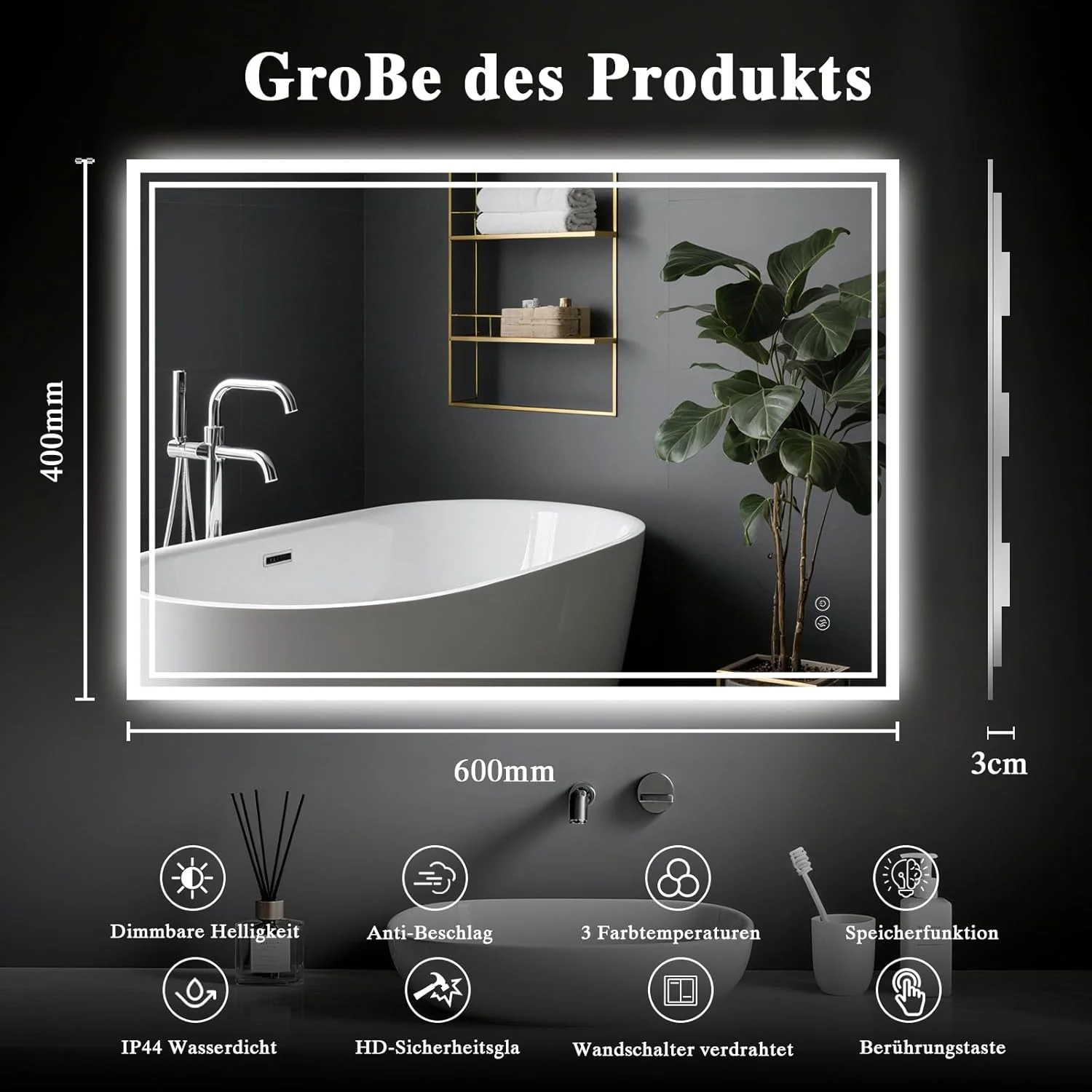 آینه LED حمام با نورپردازی 40 در 60 سانتی متر - ضد بخار، 3 رنگ قابل تنظیم، سوئیچ لمسی دوبل و عملکرد حافظه قطع برق برای حمام/توالت - نصب افقی/عمودی با قلاب