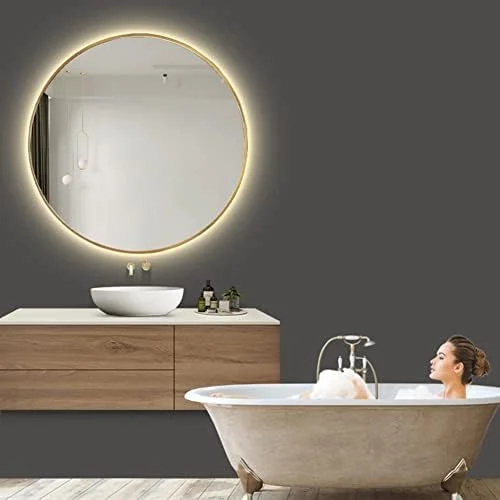 آینه حمام LED، آینه گرد دیواری با قاب طلایی، آینه مدرن آرایش و اصلاح ضد ضربه، دارای نور پس زمینه، 50x50 سانتی متر، 60x60 سانتی متر، 70x70 سانتی متر