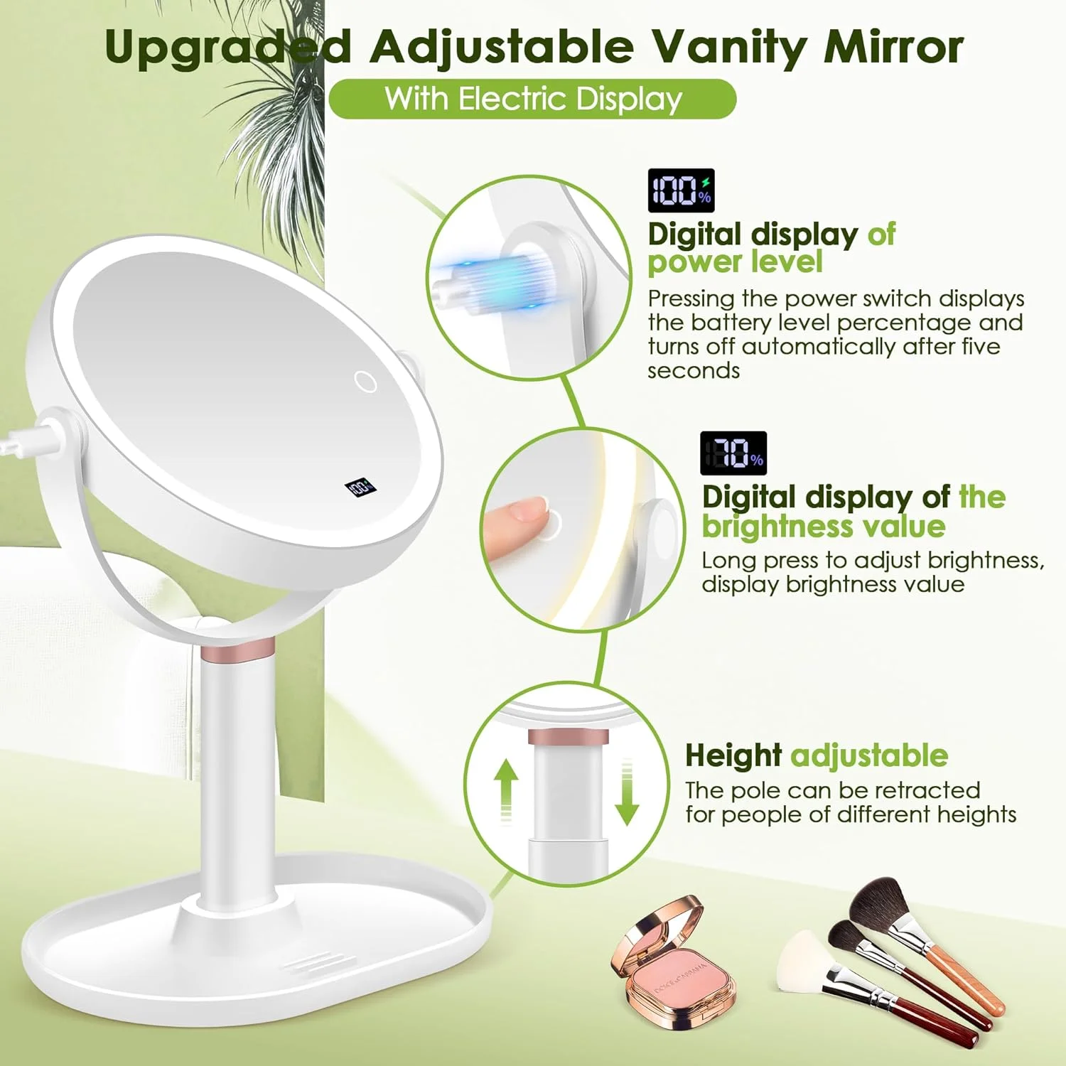 آینه آرایشی بزرگنمایی دار با نور B Beauty Planet با بزرگنمایی 30X/1X، آینه آرایشی با قابلیت تنظیم ارتفاع با صفحه نمایش دیجیتال، جداشدنی برای مسافرت، آینه های روشویی حمام با نگهدارنده تلفن همراه و موچین (سفید)