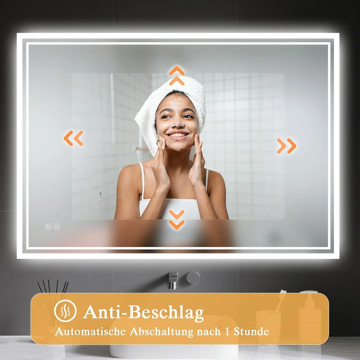 آینه LED حمام با نورپردازی 40 در 60 سانتی متر - ضد بخار، 3 رنگ قابل تنظیم، سوئیچ لمسی دوبل و عملکرد حافظه قطع برق برای حمام/توالت - نصب افقی/عمودی با قلاب