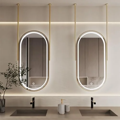 آینه حمام استیل ضد زنگ سقفی دیواری با قاب فلزی چراغ دار LED، مناسب برای اصلاح، آرایش، مناسب برای سرویس بهداشتی، ورودی، فروشگاه، گرم