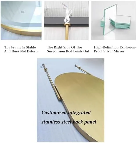 آینه حمام استیل ضد زنگ سقفی دیواری با قاب فلزی چراغ دار LED، مناسب برای اصلاح، آرایش، مناسب برای سرویس بهداشتی، ورودی، فروشگاه، گرم