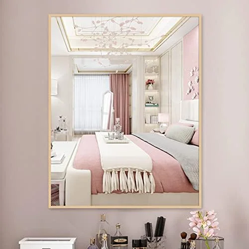 آینه حمام بزرگ تمام صفحه، آینه روشویی بدون سوراخکاری، آینه حمام مستطیلی، آینه دیواری با قاب آلومینیومی، آینه تزئینی برای اتاق خواب (طلایی - 60 * 80 سانتی متر)