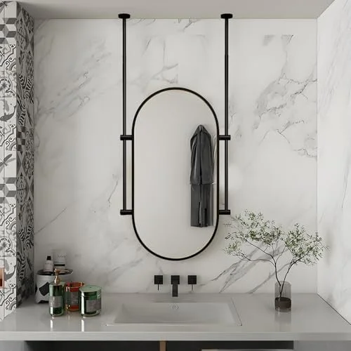 آینه حمام، آینه روشویی/آینه آرایش - آینه تزئینی بیضی مشکی/طلایی نصب شده روی سقف، آینه میله آویز، آینه دیواری قاب فلزی - بوم آینه قابل تنظیم (مشکی-50 در 60 سانتی متر)