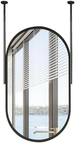 آینه بیضی شکل برای روشویی، آینه شناور دیواری، آینه تزئینی آویز سقفی مناسب آرایش، اصلاح صورت، اتاق نشیمن، ورودی، آینه حمام، مشکی (مشکی - 50 در 70 سانتی متر)