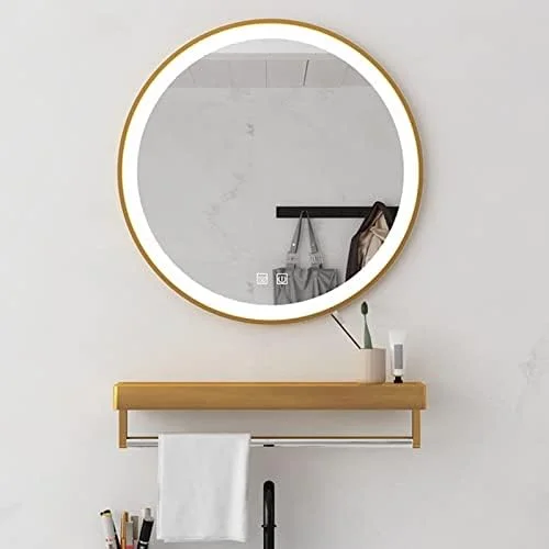 آینه گرد ال ای دی حمام با جای حوله، آینه دیواری ضد بخار آرایش، آینه حمام با قاب آلیاژ آلومینیوم با نور ال ای دی، نور سرد، نور گرم (طلایی - 70 * 70 سانتی متر)