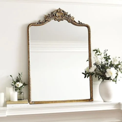 آینه حمام با لبه طلایی، آینه با قاب فلزی، آینه لبه دار سنتی برای دیوار، آینه دیواری تزئینی عتیقه برای حمام، طلایی - 60 * 90 سانتی متر (طلایی - 70 * 140 سانتی متر)