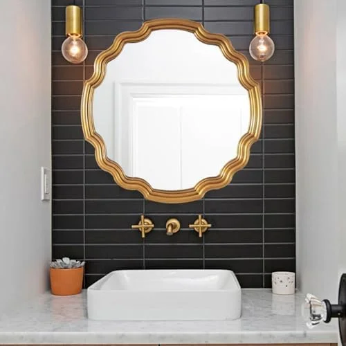 آینه گرد دیواری، آینه آرایشی موج‌دار، آینه دیواری دالبری، آینه تزئینی دایره‌ای برای اتاق خواب، اتاق نشیمن، خانه، دفتر، ورودی (طلایی - 1L X 1W سانتی‌متر)