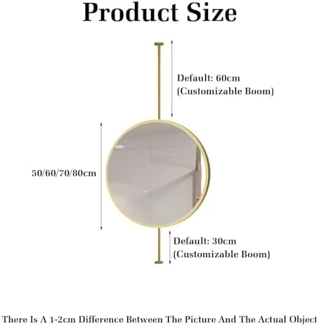 آینه دیواری گرد، آینه آویز حمام با میله آویز، آینه روشویی آویز حمام با قاب فلزی، آینه معلق بزرگ تزئینی (طلایی - 1L X 1W سانتی متر)