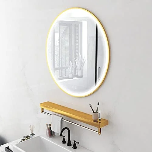 آینه گرد ال ای دی حمام با جای حوله، آینه دیواری ضد بخار آرایش، آینه حمام با قاب آلیاژ آلومینیوم با نور ال ای دی، نور سرد، نور گرم (طلایی - 70 * 70 سانتی متر)