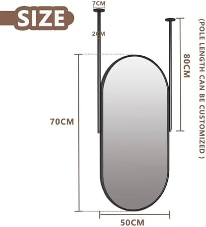 آینه بیضی شکل برای روشویی، آینه شناور دیواری، آینه تزئینی آویز سقفی مناسب آرایش، اصلاح صورت، اتاق نشیمن، ورودی، آینه حمام، مشکی (مشکی - 50 در 70 سانتی متر)