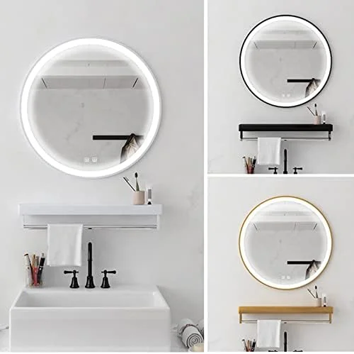 آینه گرد ال ای دی حمام با جای حوله، آینه دیواری ضد بخار آرایش، آینه حمام با قاب آلیاژ آلومینیوم با نور ال ای دی، نور سرد، نور گرم (طلایی - 70 * 70 سانتی متر)