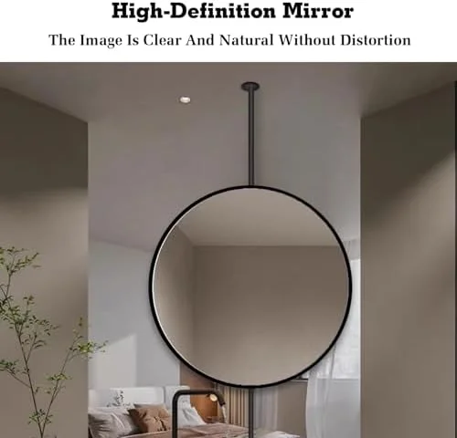 آینه دیواری گرد، آینه آویز حمام با میله آویز، آینه روشویی آویز حمام با قاب فلزی، آینه معلق بزرگ تزئینی (طلایی - 1L X 1W سانتی متر)