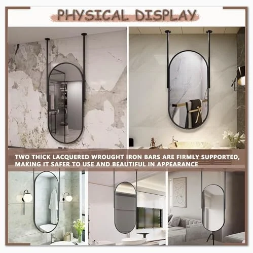 آینه بیضی شکل برای روشویی، آینه شناور دیواری، آینه تزئینی آویز سقفی مناسب آرایش، اصلاح صورت، اتاق نشیمن، ورودی، آینه حمام، مشکی (مشکی - 50 در 70 سانتی متر)