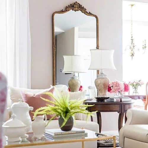 آینه حمام با لبه طلایی، آینه با قاب فلزی، آینه لبه دار سنتی برای دیوار، آینه دیواری تزئینی عتیقه برای حمام، طلایی - 60 * 90 سانتی متر (طلایی - 70 * 140 سانتی متر)