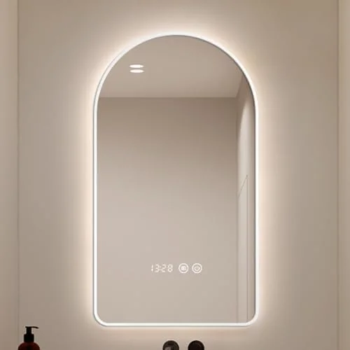 آینه دستشویی هوشمند با نور پس زمینه LED سه رنگ قابل تنظیم، ضد بخار، نصب دیواری، قاب آلیاژ آلومینیوم و نمایشگر زمان و دما (سفید - 60*100 سانتی متر)