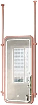 آینه سقفی حمام با قاب فلزی و میله، آینه روشنایی ال ای دی حمام، مناسب برای خانه یا هتل، آینه شیشه ای تزئینی مینیمالیستی (طلایی رز-50X80 سانتی متر)