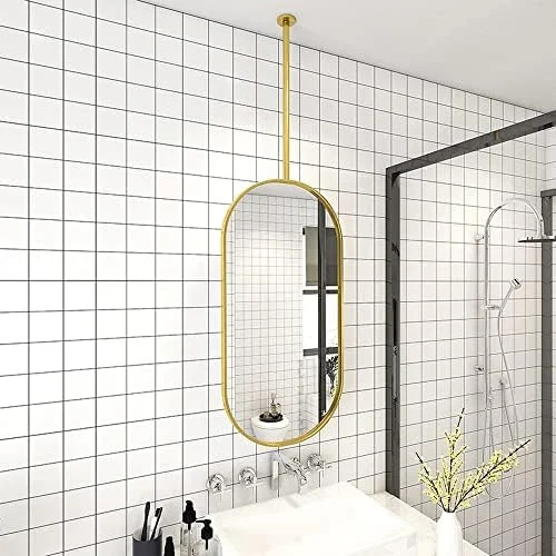 آینه حمام مناسب سقف، آینه آرایش بیضی، آینه با قاب مشکی، آینه حمام با نصب آویز، آینه روشویی مناسب منزل/هتل (طلایی - 60 * 80 سانتی متر)