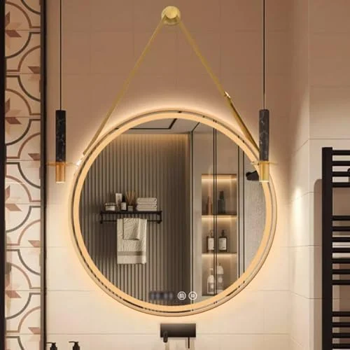 آینه گرد هوشمند روشویی، آینه روشویی ال ای دی دیواری با نورهای 3 رنگ، آینه ضد بخار با قاب آلیاژ آلومینیوم (طلایی-50*50 سانتی متر/19.7*19.7 اینچ)