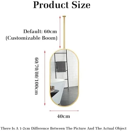 آینه بیضی سقفی برای روشویی حمام، آینه اصلاح سقفی، آینه تزئینی بزرگ آویز حمام قابل تنظیم (مشکی - 80 طول X 40 عرض سانتی متر)