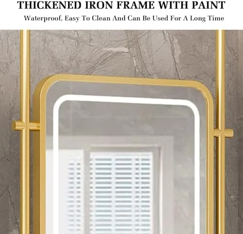 آینه سقفی حمام با قاب فلزی و میله، آینه روشنایی ال ای دی حمام، مناسب برای خانه یا هتل، آینه شیشه ای تزئینی مینیمالیستی (طلایی رز-50X80 سانتی متر)