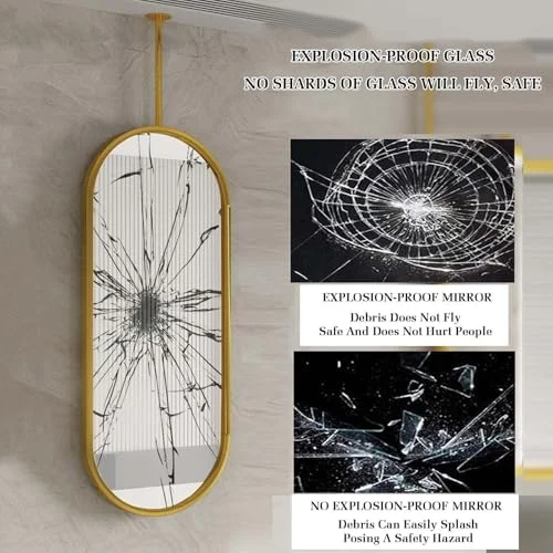 آینه بیضی سقفی برای روشویی حمام، آینه اصلاح سقفی، آینه تزئینی بزرگ آویز حمام قابل تنظیم (مشکی - 80 طول X 40 عرض سانتی متر)