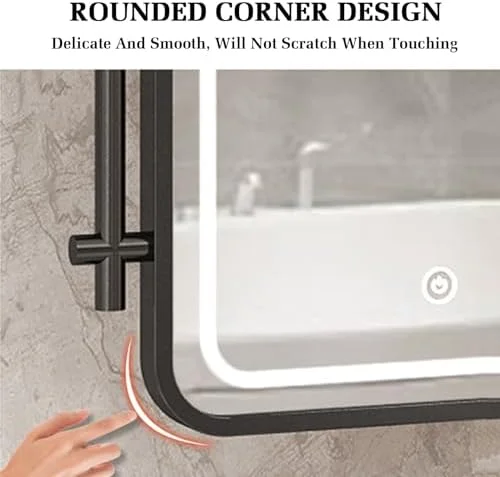 آینه سقفی حمام با قاب فلزی و میله، آینه روشنایی ال ای دی حمام، مناسب برای خانه یا هتل، آینه شیشه ای تزئینی مینیمالیستی (طلایی رز-50X80 سانتی متر)