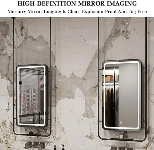 آینه حمام با قاب فلزی و نورپردازی ال ای دی، آینه گرد آویز سقفی با دکمه لمسی، مناسب اتاق خواب، راهرو، اتاق نشیمن با میله آویز (طلایی - 60X120 سانتی متر)