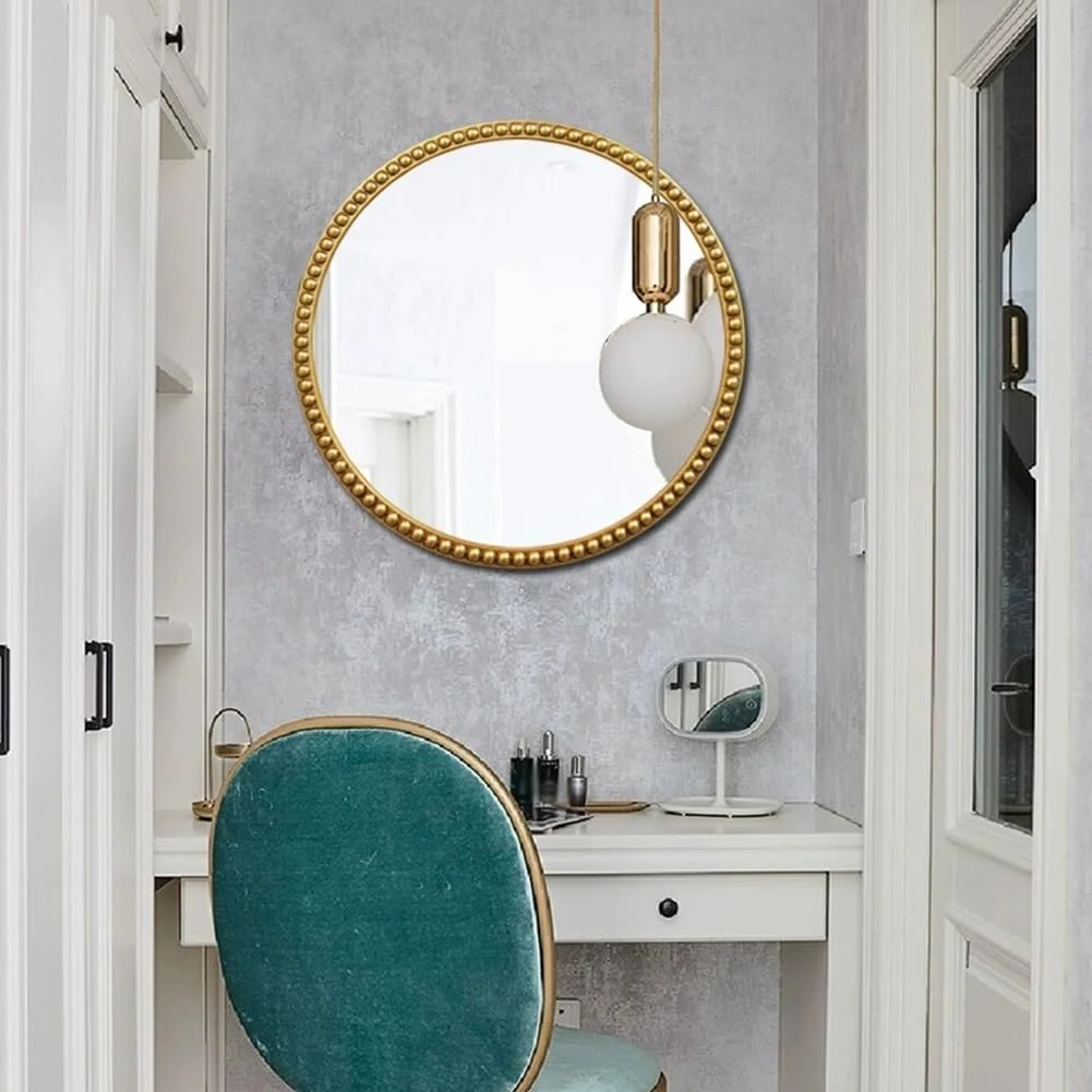 آینه دیواری گرد برای میز آرایش، حمام، دکوراسیون منزل، آینه دایره ای وینتیج 60 سانتی متری با قاب مهره دار طلایی، آینه دیواری برای راهرو، اتاق نشیمن، اتاق خواب