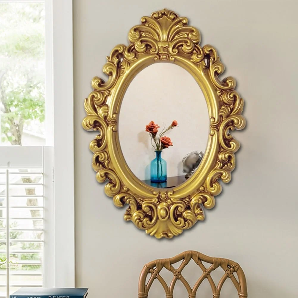 آینه دیواری حکاکی شده، آینه آویز بیضی شکل وینتیج، آینه طلایی عتیقه 53x74 سانتی متری برای میز آرایش، حمام، اتاق خواب، اتاق نشیمن، ورودی