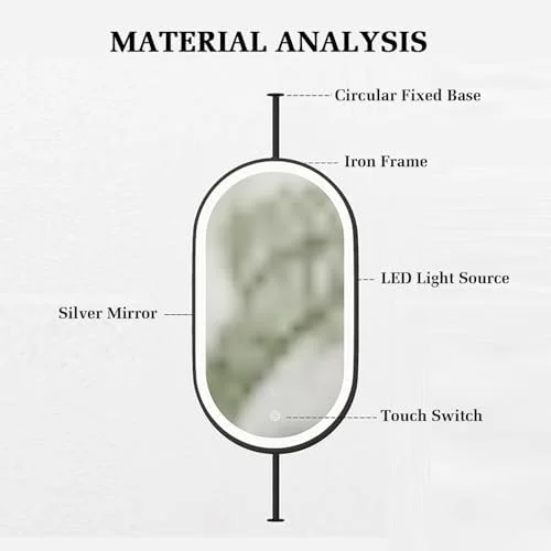 آینه حمام LED با نورپردازی، آینه سقفی شناور بیضی شکل مناسب منزل یا هتل، آینه شیشه ای دکوراتیو مینیمالیستی (طلایی - 50X80 سانتی متر)