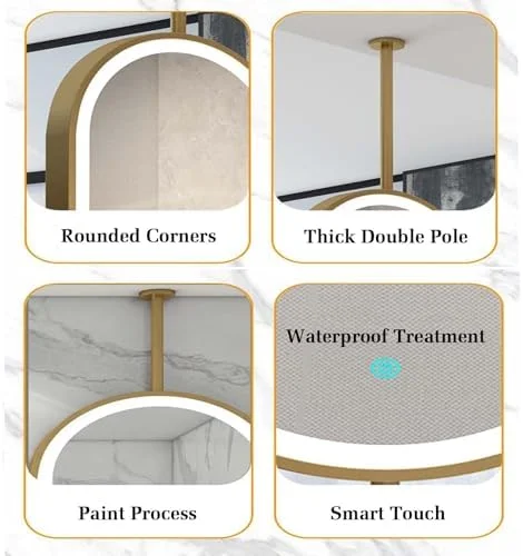 آینه حمام LED با نورپردازی، آینه سقفی شناور بیضی شکل مناسب منزل یا هتل، آینه شیشه ای دکوراتیو مینیمالیستی (طلایی - 50X80 سانتی متر)