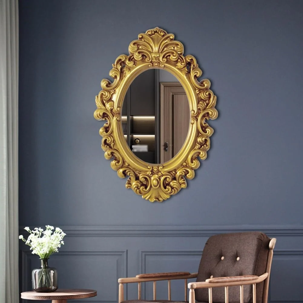 آینه دیواری حکاکی شده، آینه آویز بیضی شکل وینتیج، آینه طلایی عتیقه 53x74 سانتی متری برای میز آرایش، حمام، اتاق خواب، اتاق نشیمن، ورودی