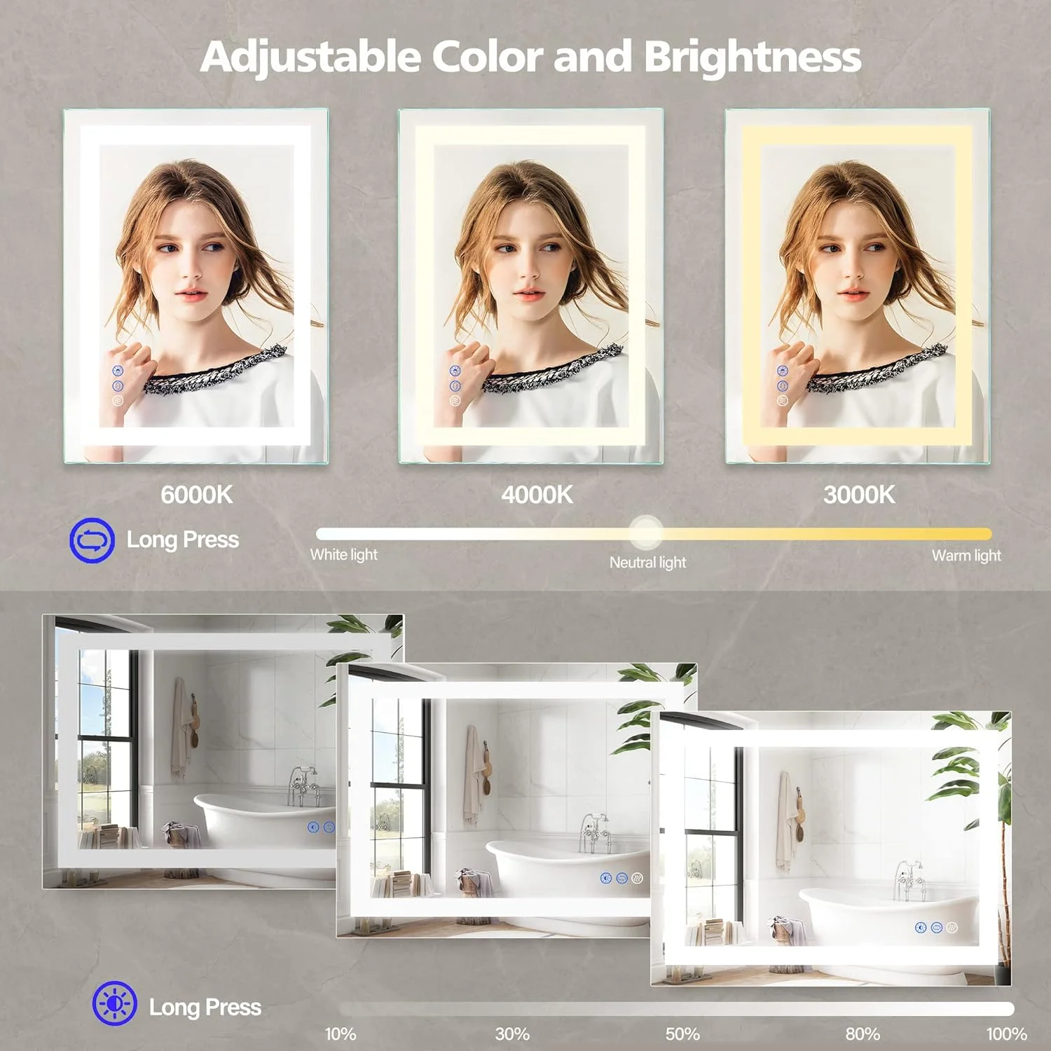 آینه حمام چراغ دار DR.LUX سایز 81x61 سانتی متر، آینه روشویی دیواری LED فوق العاده روشن با ناحیه ضد مه بزرگ، قابل تنظیم 3000K-6000K، خاموش شدن خودکار، دارای حافظه، هدیه مناسب برای خانه نو