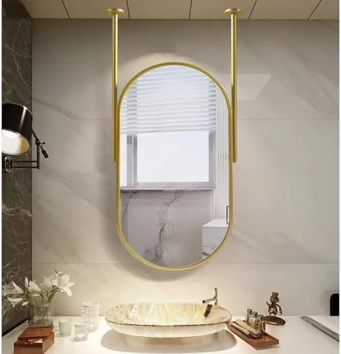 آینه حمام با قاب فلزی طلایی، آینه تزئینی بیضی شکل، آینه روشویی بزرگ شناور، آینه میله ای آویز برای اتاق نشیمن و سرویس بهداشتی (یک رنگ - 50 سانتی متر در 60 سانتی متر)