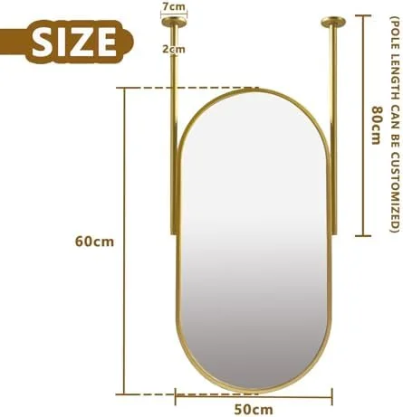 آینه حمام با قاب فلزی طلایی، آینه تزئینی بیضی شکل، آینه روشویی بزرگ شناور، آینه میله ای آویز برای اتاق نشیمن و سرویس بهداشتی (یک رنگ - 50 سانتی متر در 60 سانتی متر)