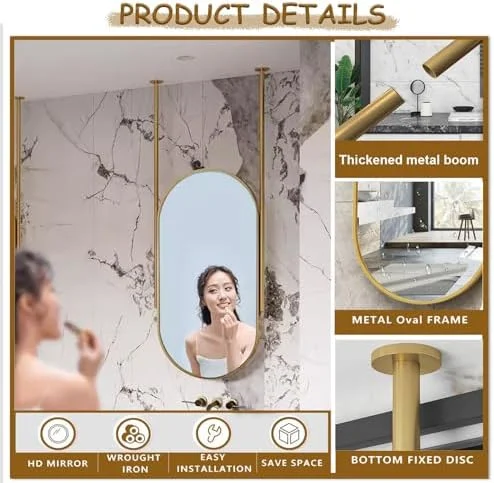 آینه حمام با قاب فلزی طلایی، آینه تزئینی بیضی شکل، آینه روشویی بزرگ شناور، آینه میله ای آویز برای اتاق نشیمن و سرویس بهداشتی (یک رنگ - 50 سانتی متر در 60 سانتی متر)