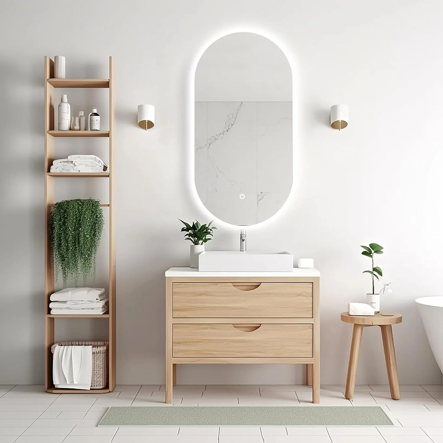 آینه هوشمند ال ای دی مدل اکو - آینه دیواری بیضی شکل مدرن 50x80 سانتی متر، آینه حمام با کنترل لمسی و نور پس زمینه، مناسب برای خانه، هتل، سالن و رستوران