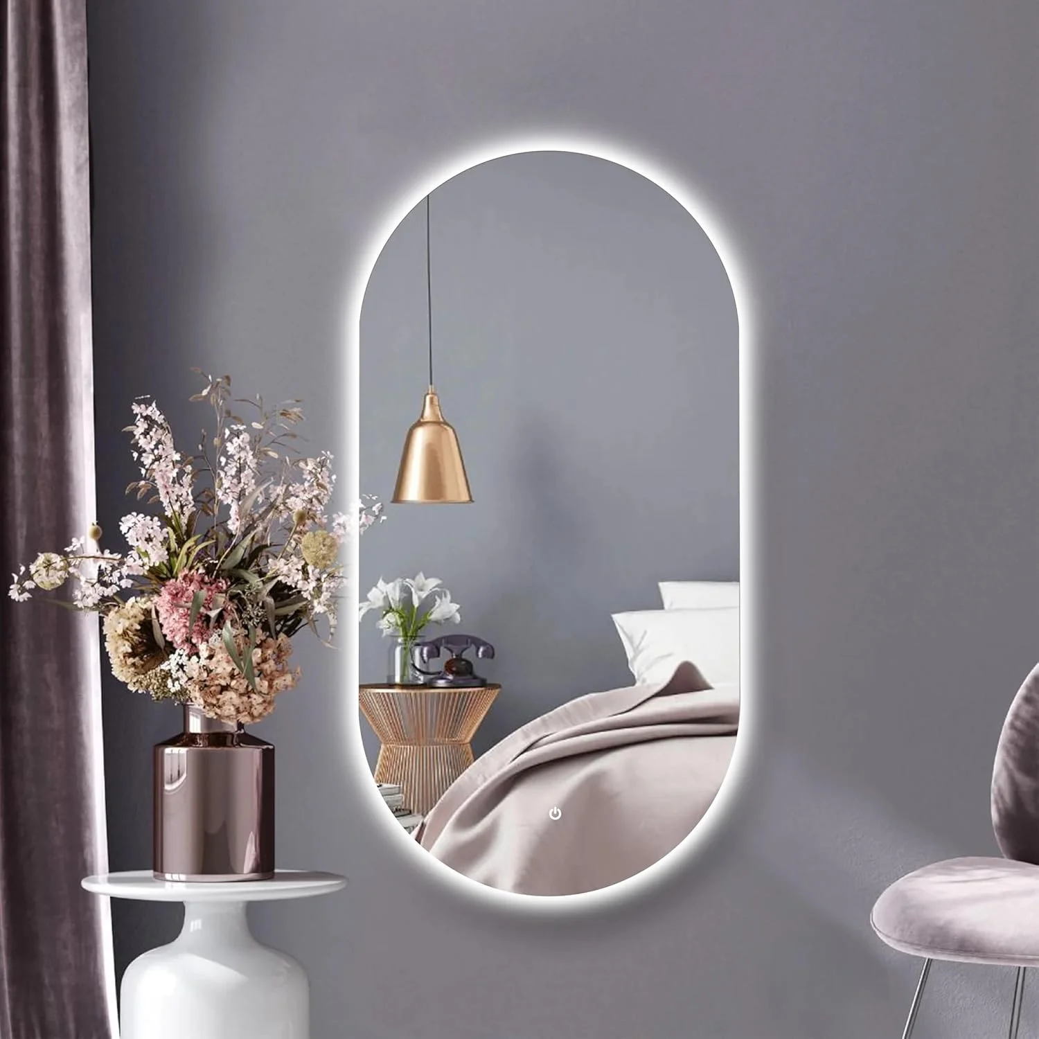 آینه هوشمند ال ای دی مدل اکو - آینه دیواری بیضی شکل مدرن 50x80 سانتی متر، آینه حمام با کنترل لمسی و نور پس زمینه، مناسب برای خانه، هتل، سالن و رستوران