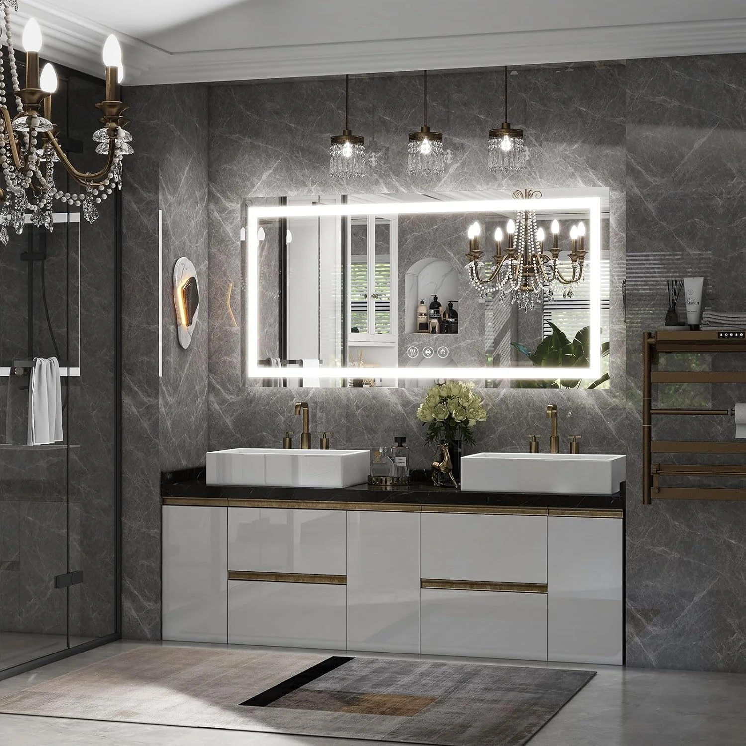 آینه ال ای دی حمام، 76x140 سانتیمتر با قاب سفید، نور پس زمینه و جلوه گرادیانی، ضد بخار، با قابلیت تنظیم نور، نصب دیواری افقی/عمودی