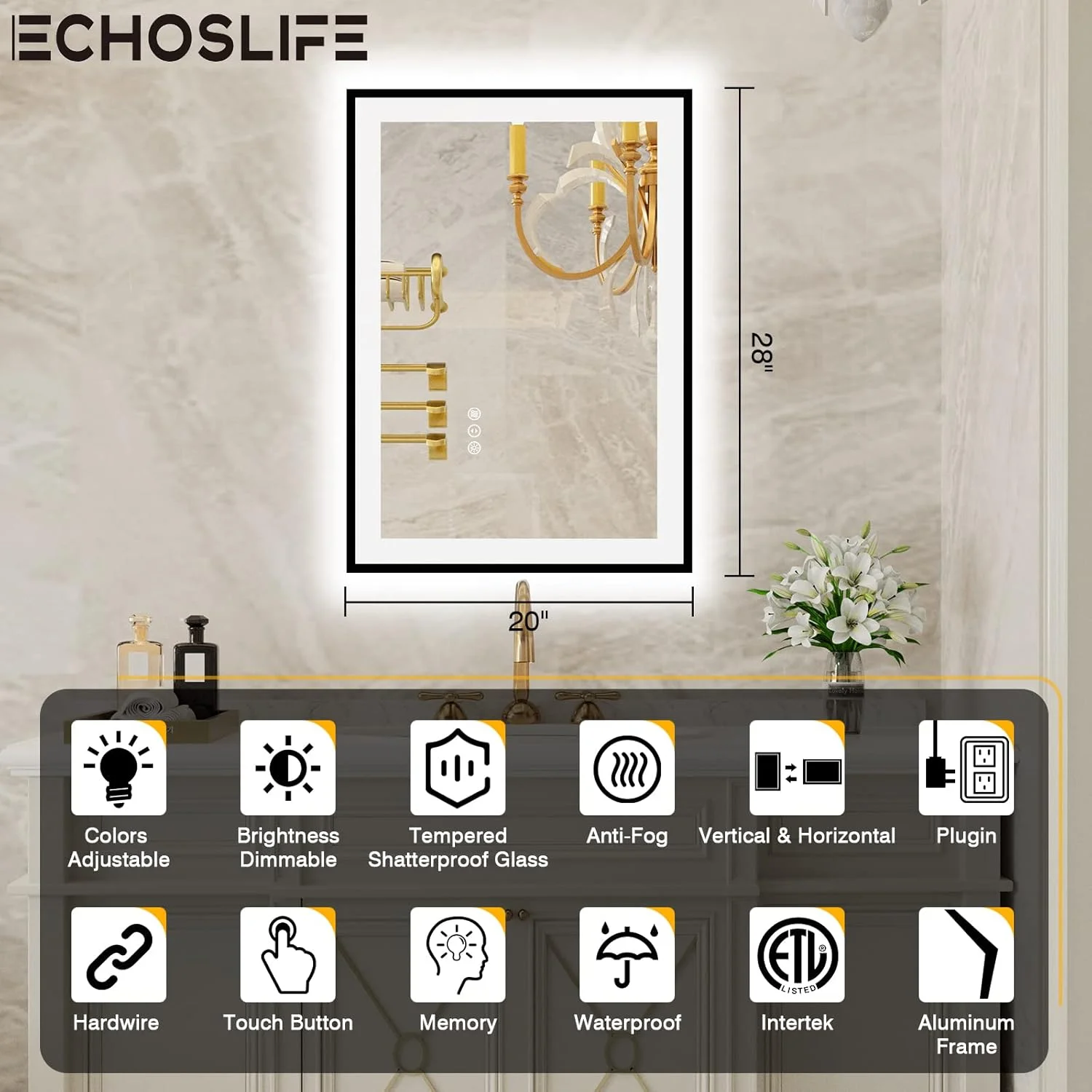آینه حمام ال ای دی 50x70 سانتی‌متر دیواری - قاب آلومینیومی مشکی (نور پس زمینه و جلو)، آینه ضد بخار با چراغ، آینه هوشمند با نور قابل تنظیم، 3 رنگ (افقی/عمودی)