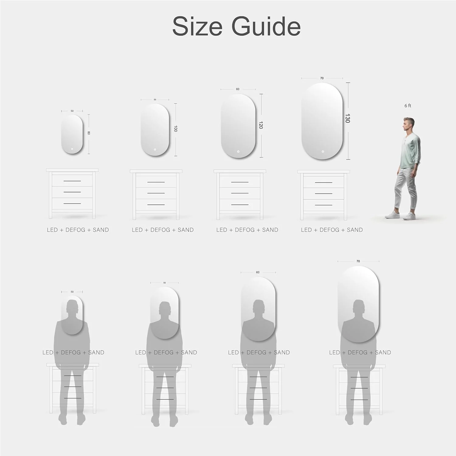 آینه هوشمند ال ای دی مدل اکو - آینه دیواری بیضی شکل مدرن 50x80 سانتی متر، آینه حمام با کنترل لمسی و نور پس زمینه، مناسب برای خانه، هتل، سالن و رستوران