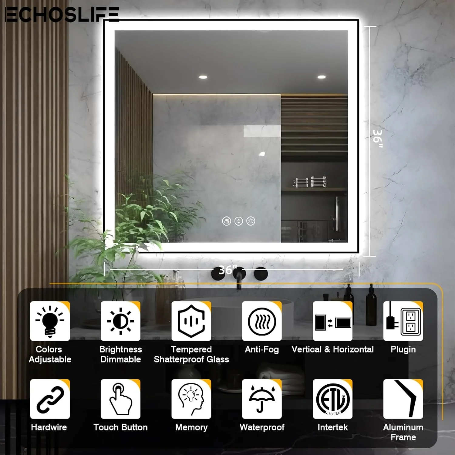 آینه حمام ال ای دی مربعی 36x36 - قاب آلومینیومی مشکی (نورپردازی جلو و عقب)، آینه ضد بخار با چراغ، آینه چراغ دار با قابلیت تنظیم نور، آینه هوشمند 3 رنگ (افقی/عمودی)