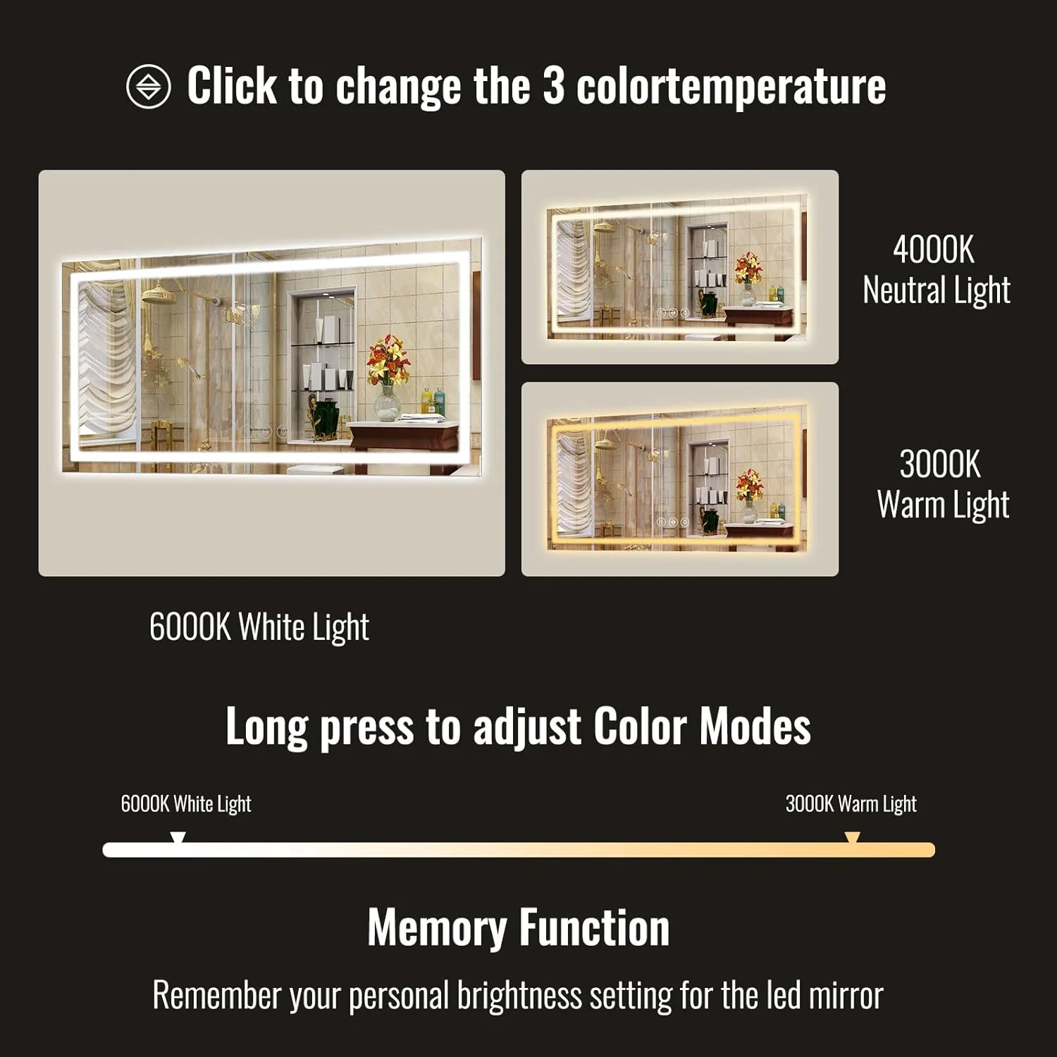 آینه ال ای دی حمام، 76x140 سانتیمتر با قاب سفید، نور پس زمینه و جلوه گرادیانی، ضد بخار، با قابلیت تنظیم نور، نصب دیواری افقی/عمودی